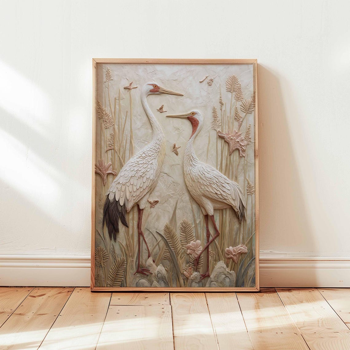 Textured White Cranes Embossed Relief Neutral Botanical Art Poster