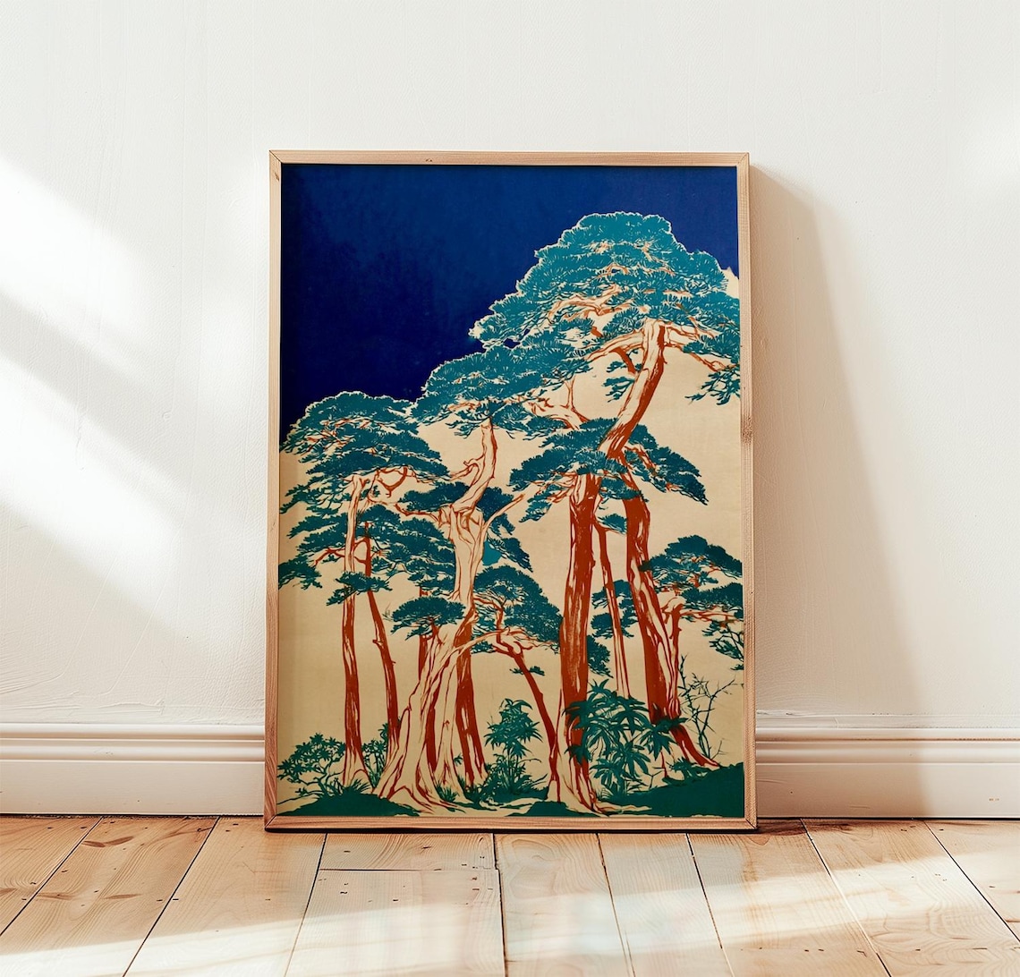 Blue Pine Forest Poster, Green Woodland Landscape