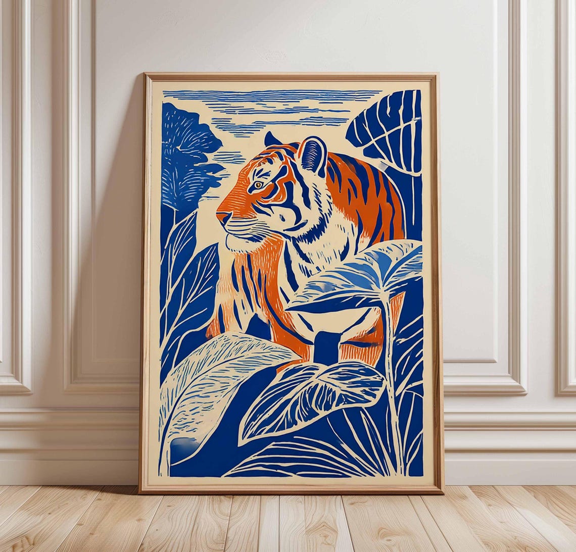 Orange Tiger Blue Jungle Linocut Tropical Wildlife Wall Poster