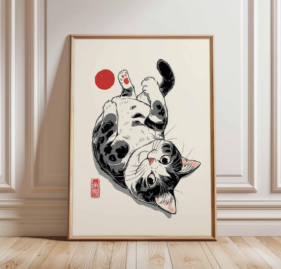 Japanese Cat Poster Playful Wall Art Print Traditional Ukiyoe Style Decor Cute Feline Illustration Asian Animal Gift