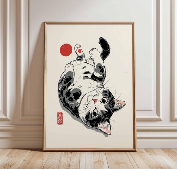 Japanese Kitten Playing Under a Red Sun Circle Ukiyo-e Art Poster