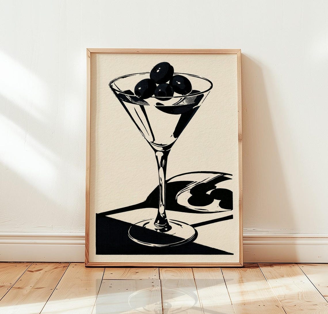 Martini Glass Wall Art Black And White Cocktail Print Bar Cart Decor