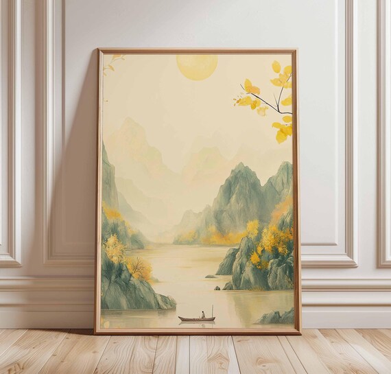 Chinese Ink Wash Autumn River Landscape Poster With Lone Boat