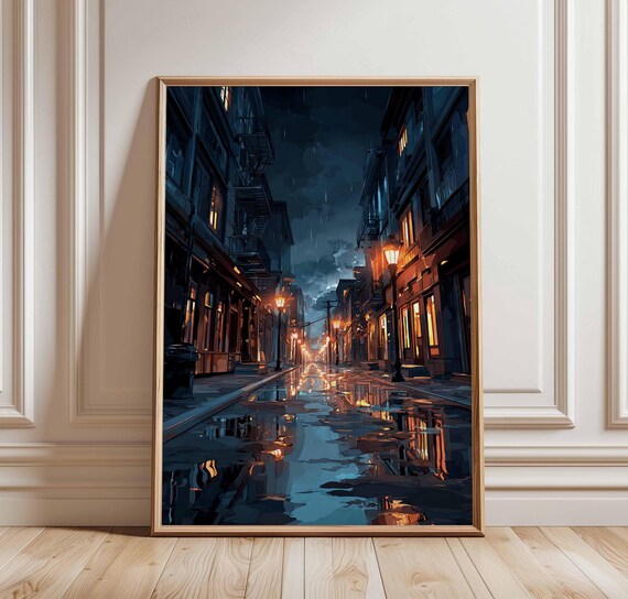 Rainy City Street Moody Night Lights Reflections Urban Poster