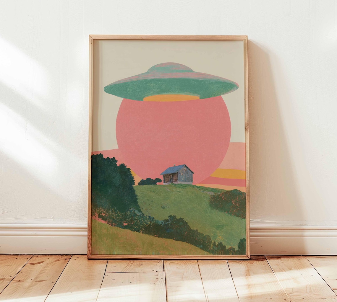 Retro Ufo Surreal Landscape Poster Print