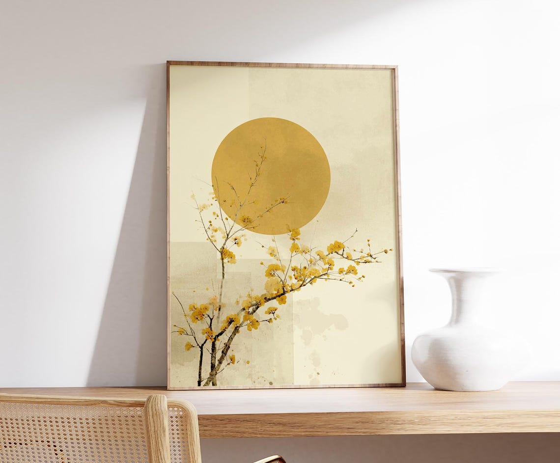 Minimalist Japanese Wall Art Yellow Sun And Blossom Poster Zen Botanical Print For Modern Home Living Room Decor - Image 8