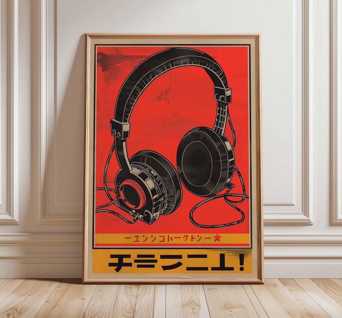 Retro Black Headphones Red Vintage Japanese Music Style Poster