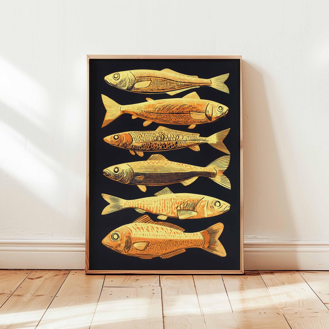 Golden Fish Print Bold Kitchen Wall Art Retro Nautical Poster Orange Illustration On Black Background Unframed