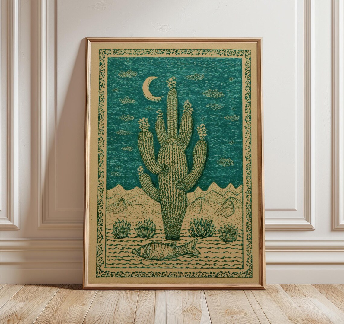 Cactus Moon Poster, Vintage Western Landscape