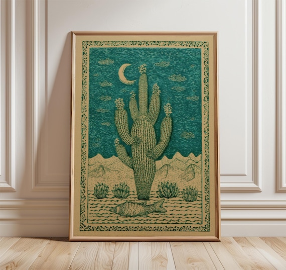 Cactus Moon Poster, Vintage Western Landscape