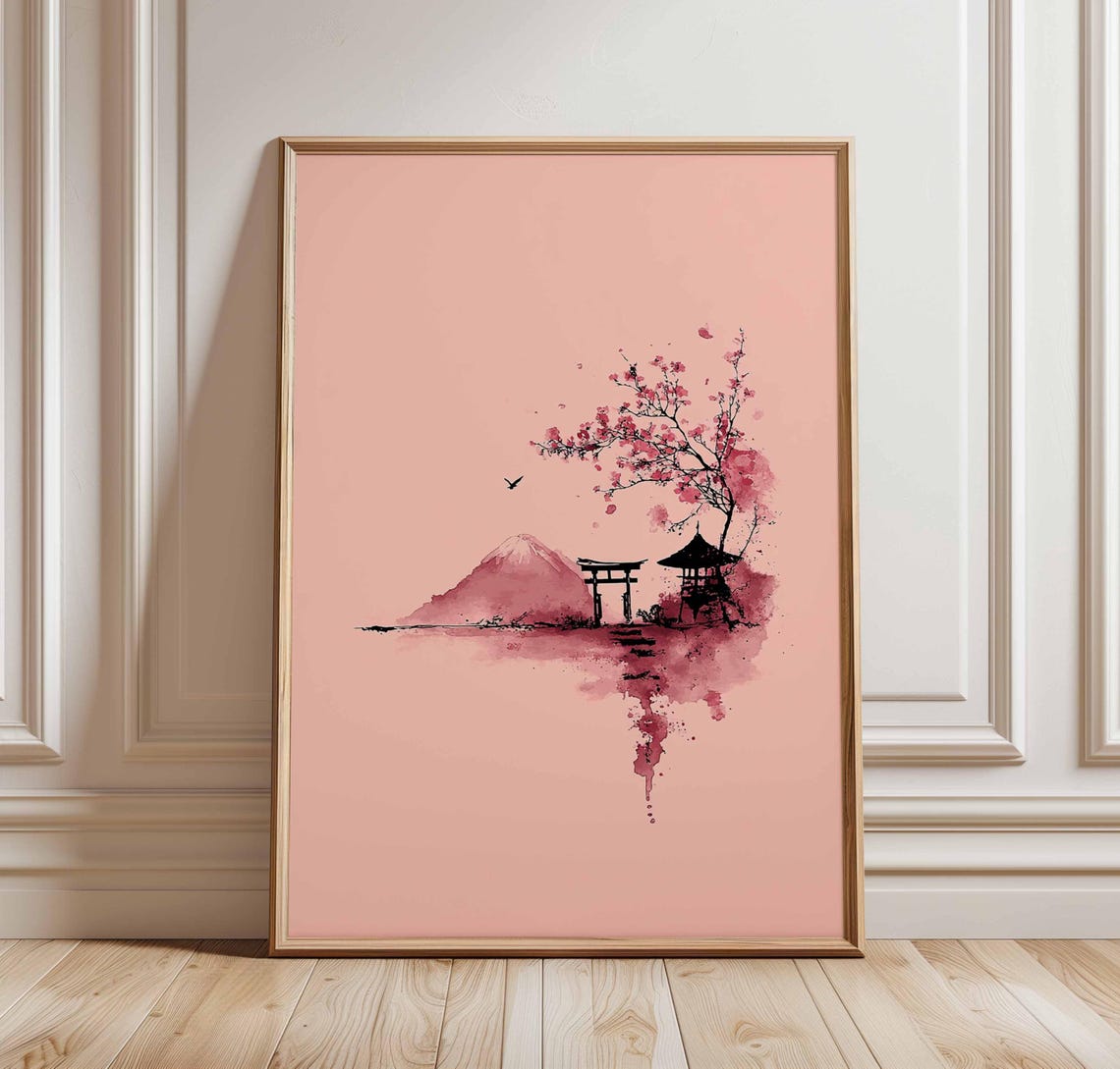 Japanese Cherry Blossom Mount Fuji Torii Gate Watercolor Print
