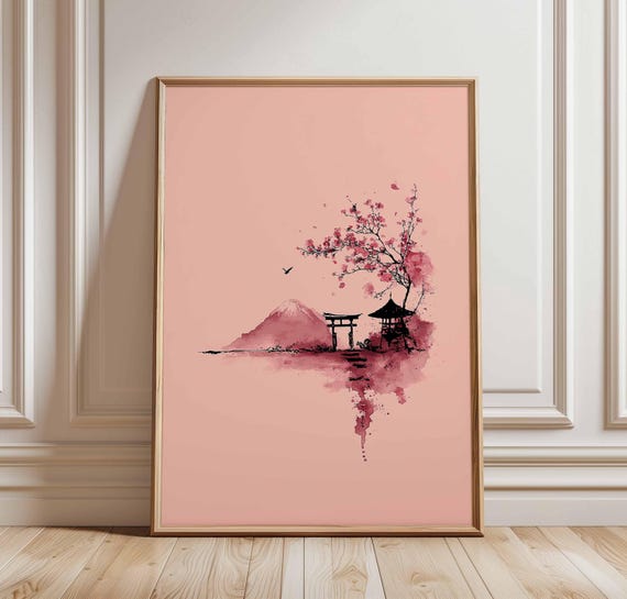 Cherry Blossom Japanese Wall Art Mount Fuji Ink Poster Minimalist Torii Gate And Temple Print Pink Japan Landscape Decor