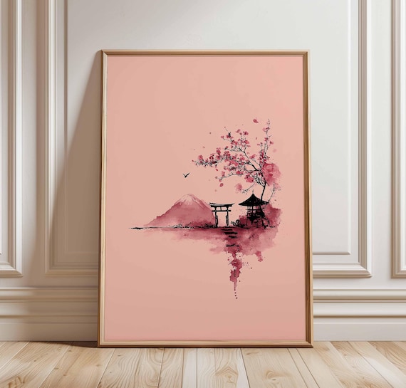 Japanese Cherry Blossom Mount Fuji Torii Gate Watercolor Print