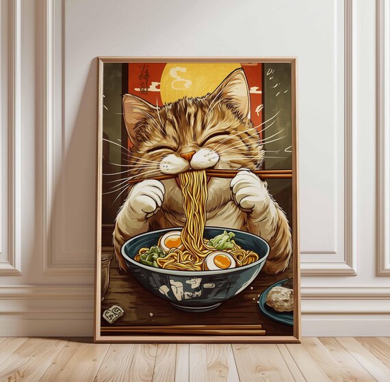 Happy Tabby Cat Eating Ramen Noodles Cute Japanese Kitchen Poster
