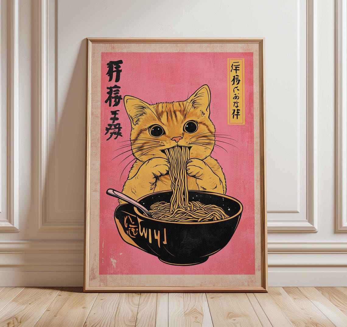 Orange Tabby Cat Eating Ramen Retro Japanese Style Kitchen Poster