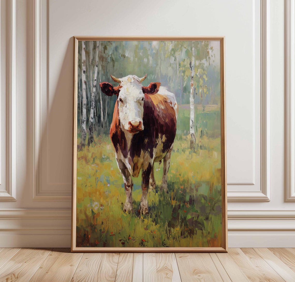 Cow in Birch Meadow Pasture Rustic Farm Animal Painting Wall Art