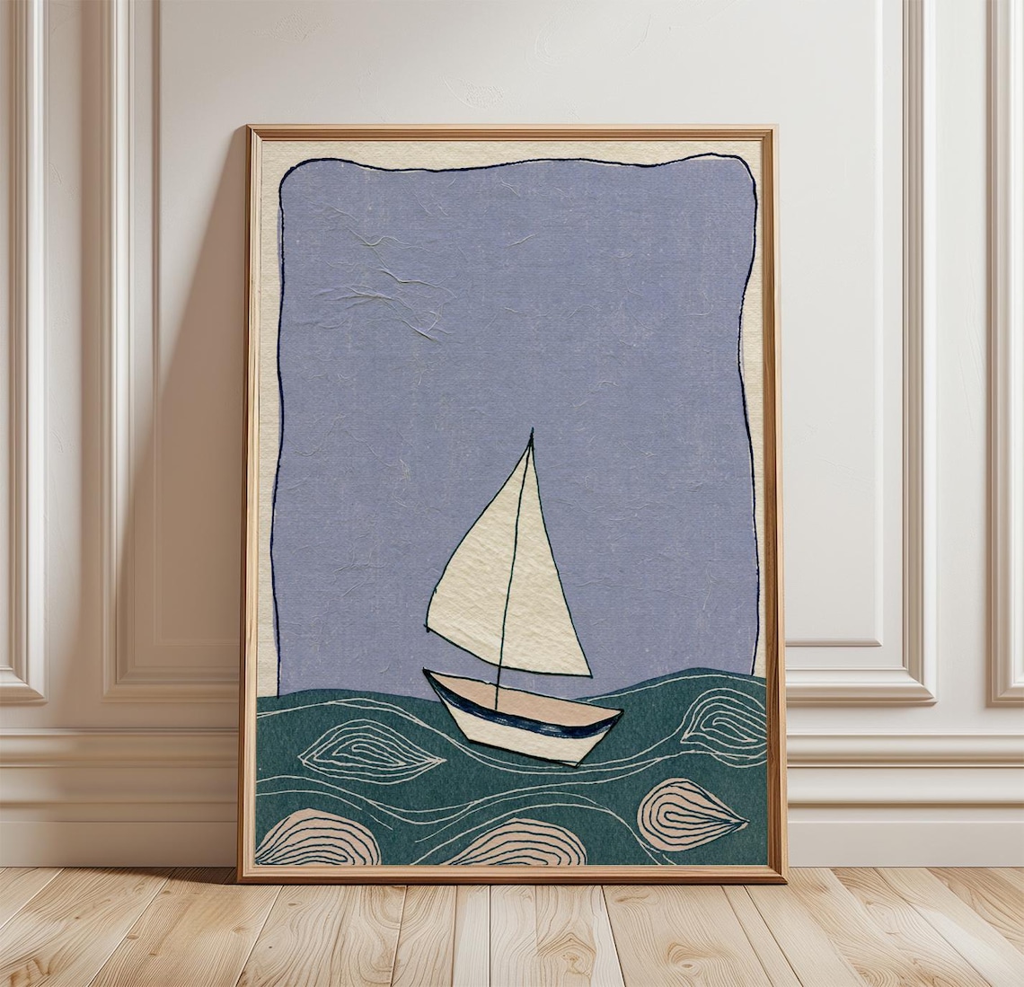 Blue Sailboat Ocean Poster, Coastal Nautical