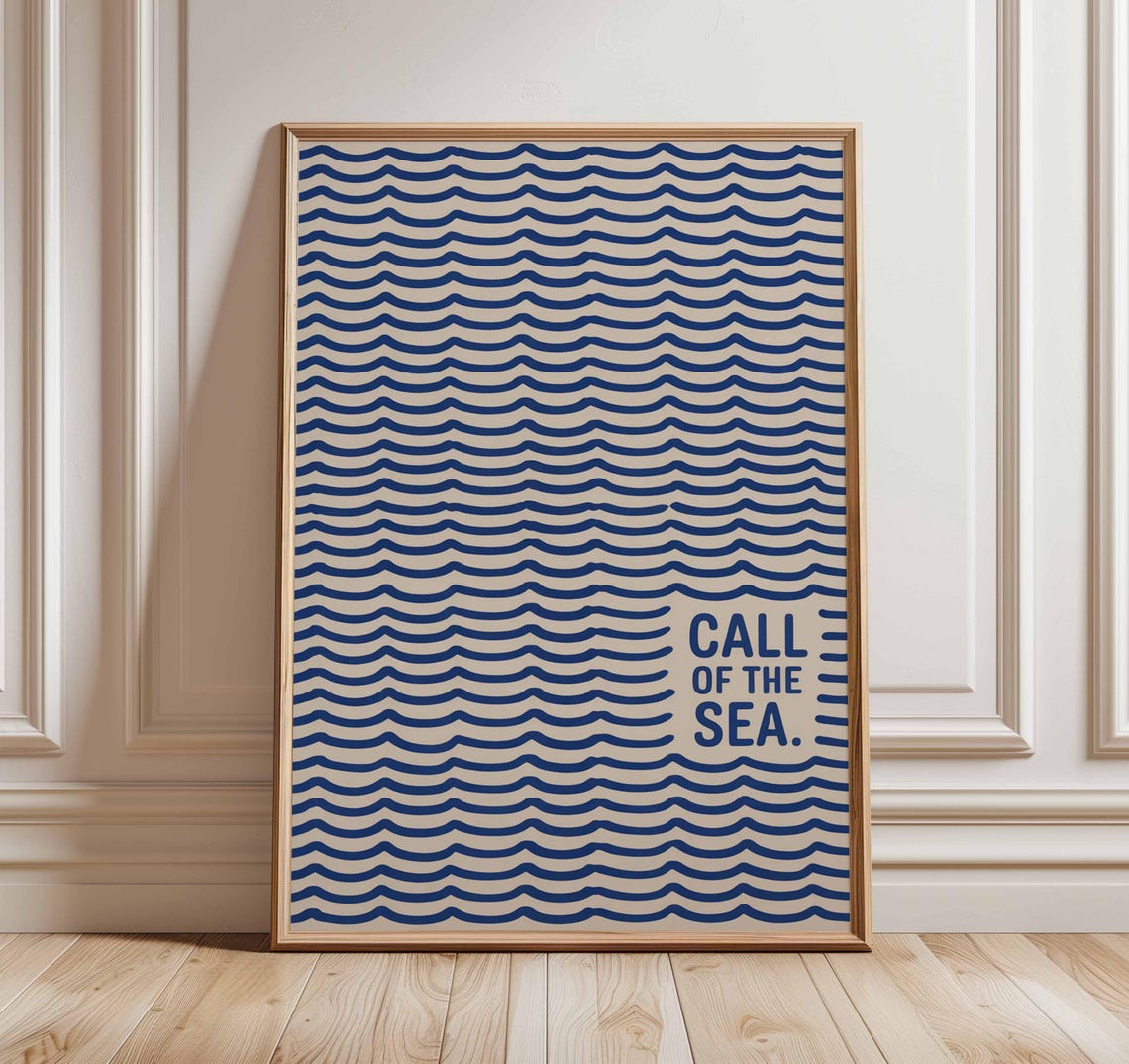 Call Of The Sea Minimalist Blue Wave Pattern Ocean Coastal Art Poster
