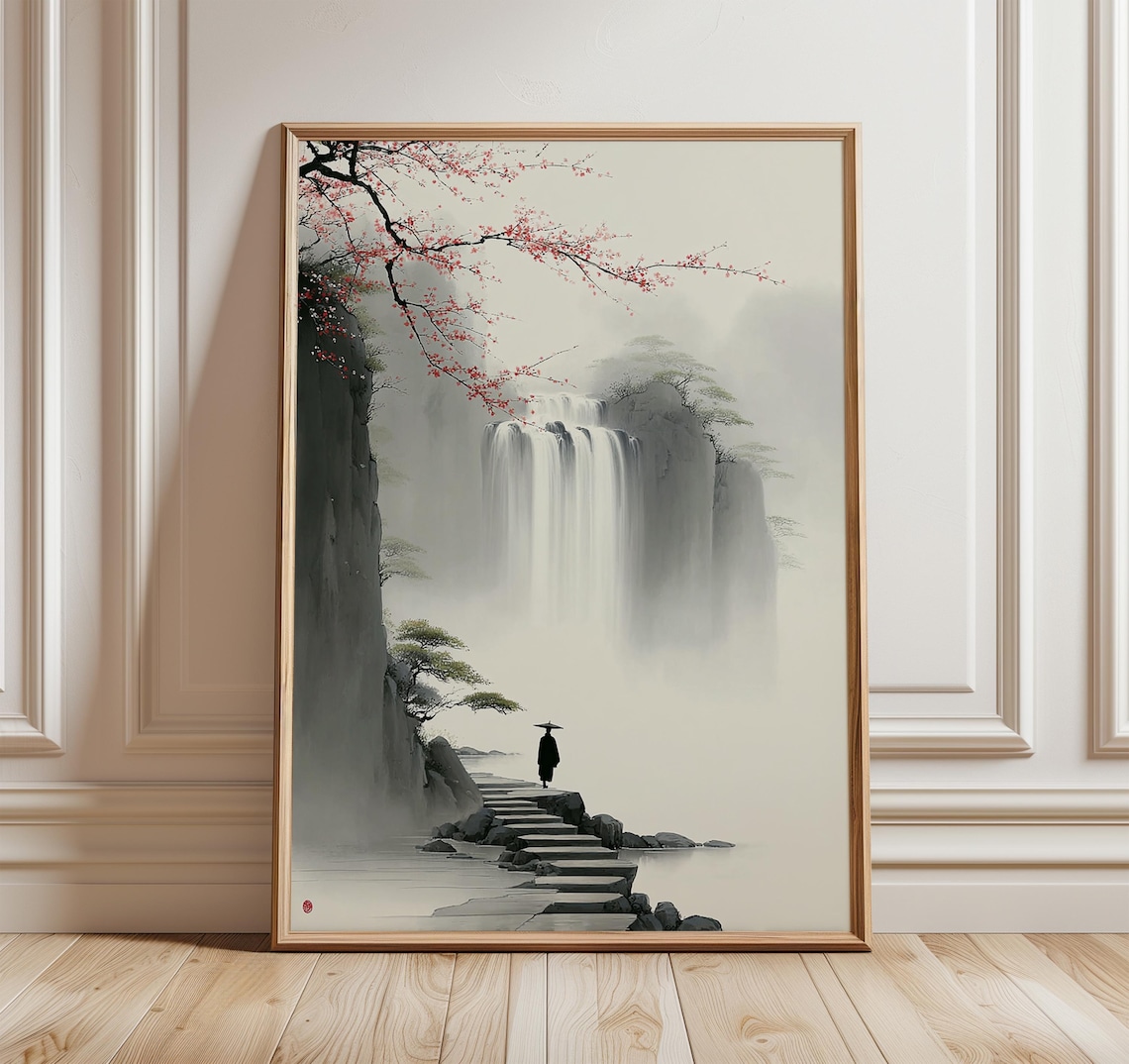 Japanese Waterfall Zen Landscape Art Print