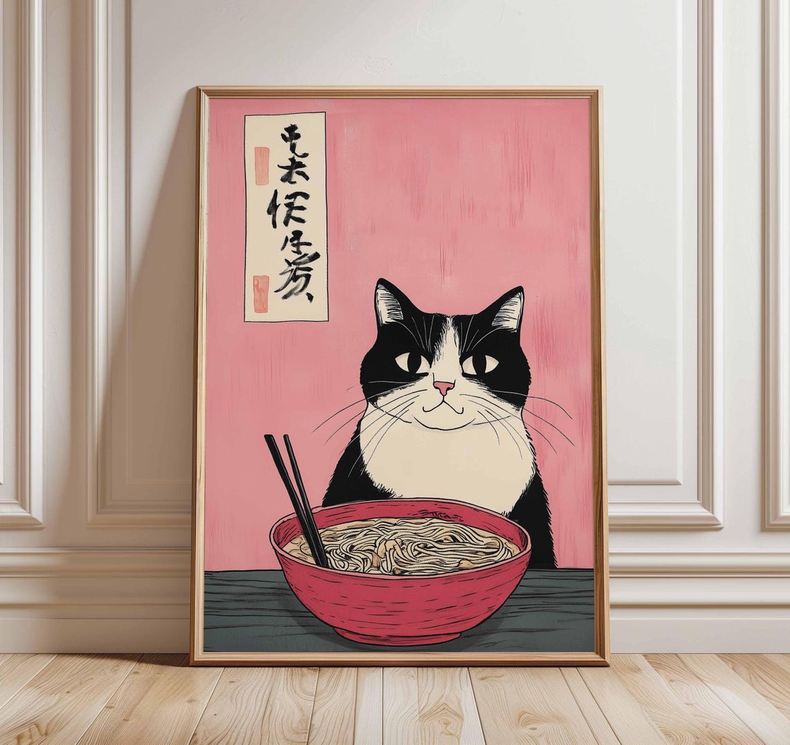 Cute Japanese Black Cat With Red Ramen Bowl Pink Kitchen Poster