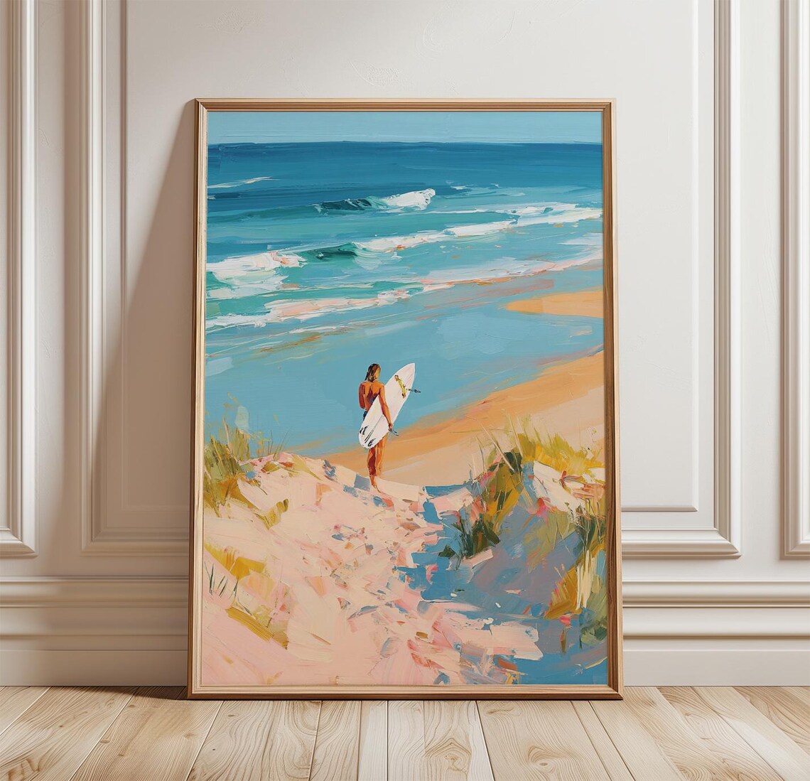 Surfer Girl Walking Beach Dunes Ocean Waves Coastal Summer Art Poster