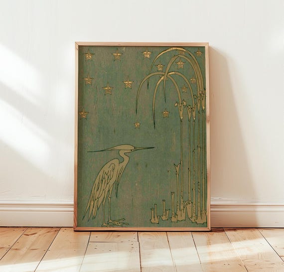 Sage Heron Gold Botanical Wall Art, Woodblock Poster