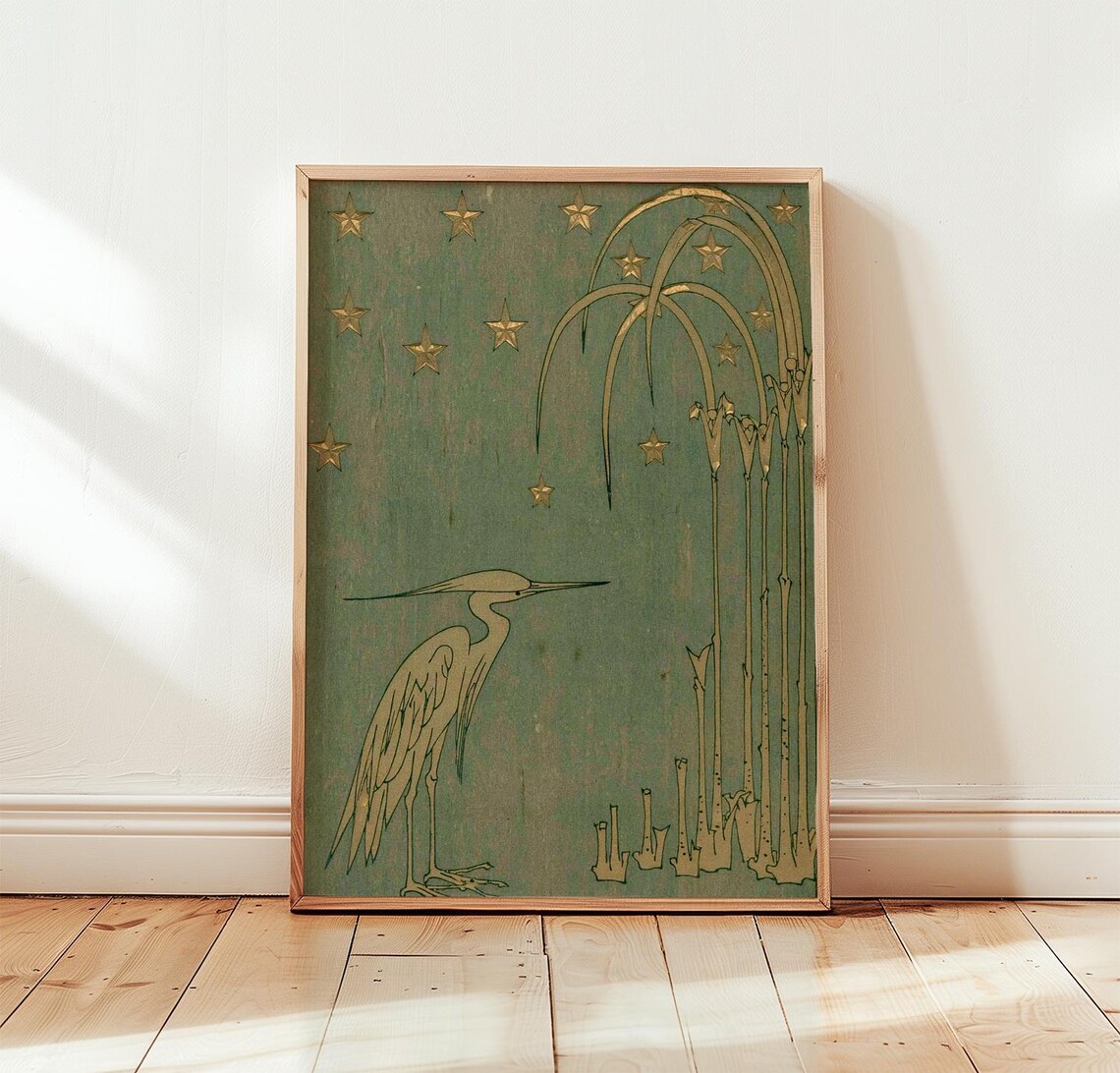 Sage Heron Gold Botanical Wall Art, Woodblock Poster