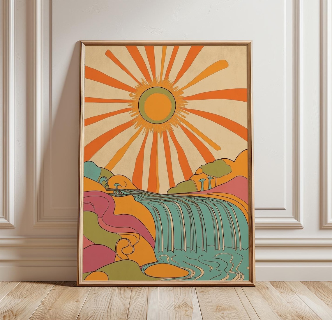 Waterfall Sun, Retro Mid-Century Landscape Art Print