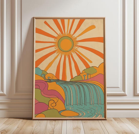 Waterfall Sun, Retro Mid-Century Landscape Art Print