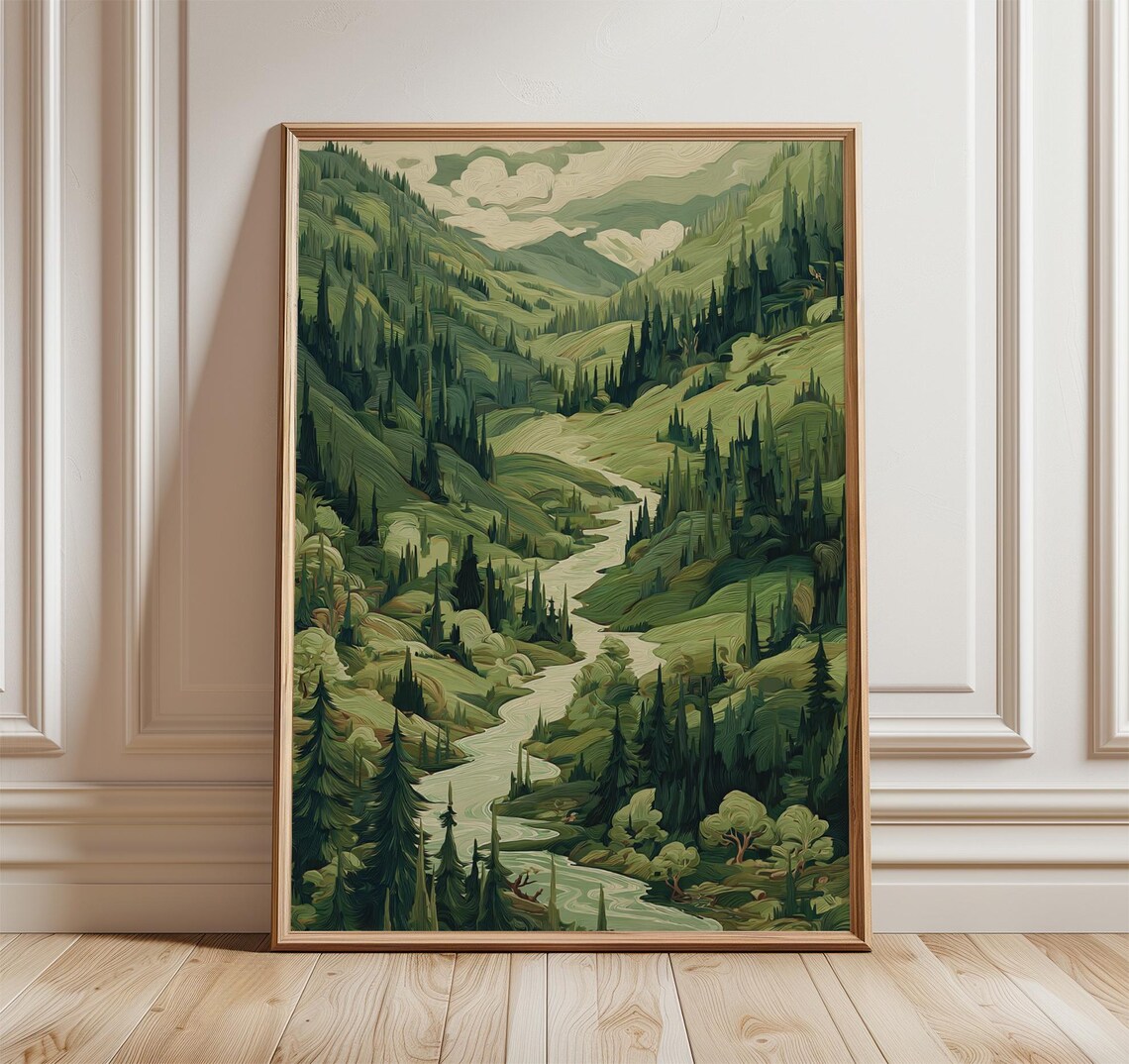 Green Valley River Poster, Nature Landscape Illustration