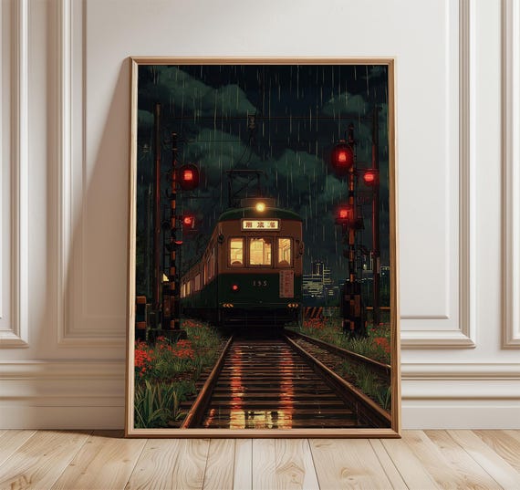 Japanese Train Crossing, Rainy Night Cinematic Style Art Print