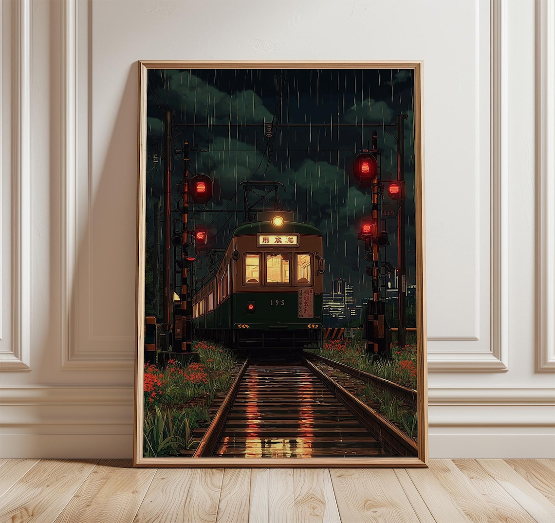 Japanese Train Crossing, Rainy Night Cinematic Style Art Print