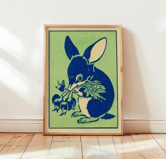 Rabbit Folk Art Poster Vintage Woodland Animal Print Nature Wall