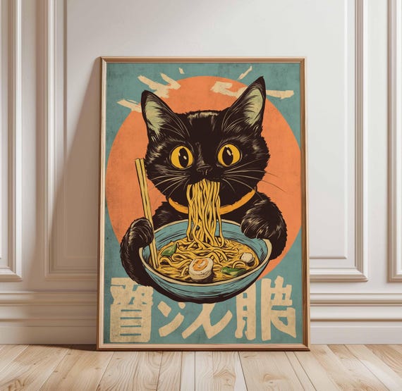Black Cat Ramen Poster Japanese Food Art Cute Noodle Print Kawaii Asian Wall Decor Bowl Kitchen