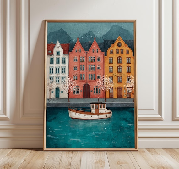 Scandinavian Coastal Colorful Nordic Houses Waterfront Art Poster