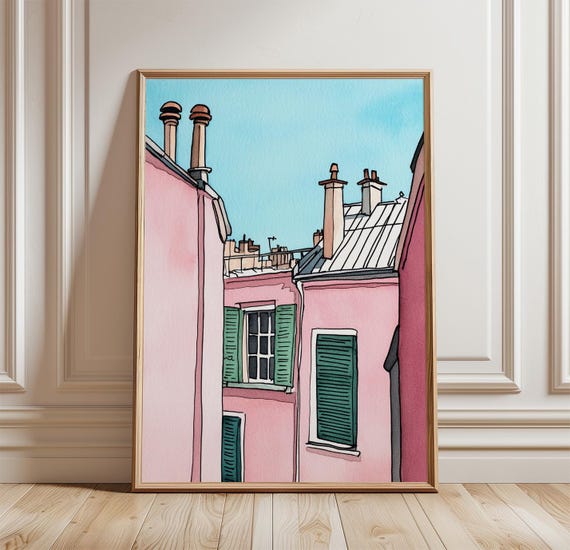 Paris Rooftop Illustration Poster Pastel Cityscape Print Minimal French Architecture Wall Art