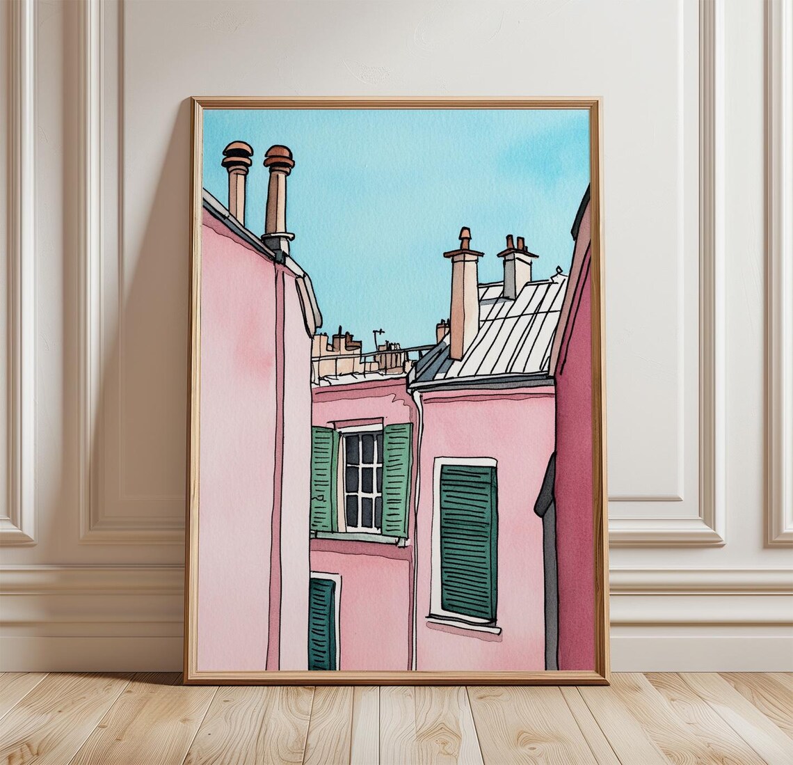 Paris Rooftop Pastel Illustration Poster Pink Buildings Cityscape Wall Decor