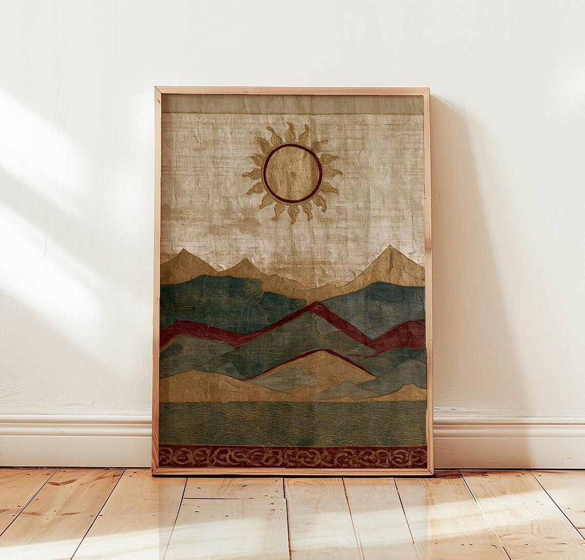Golden Sun Mountain Landscape, Vintage Aesthetic Poster