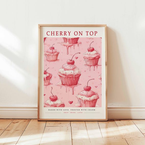 Cupcake Poster Cherry On Top Wall Art Pink Bakery Print For Kitchen Whimsical Dessert Illustration Unframed Sweet Treat Decor
