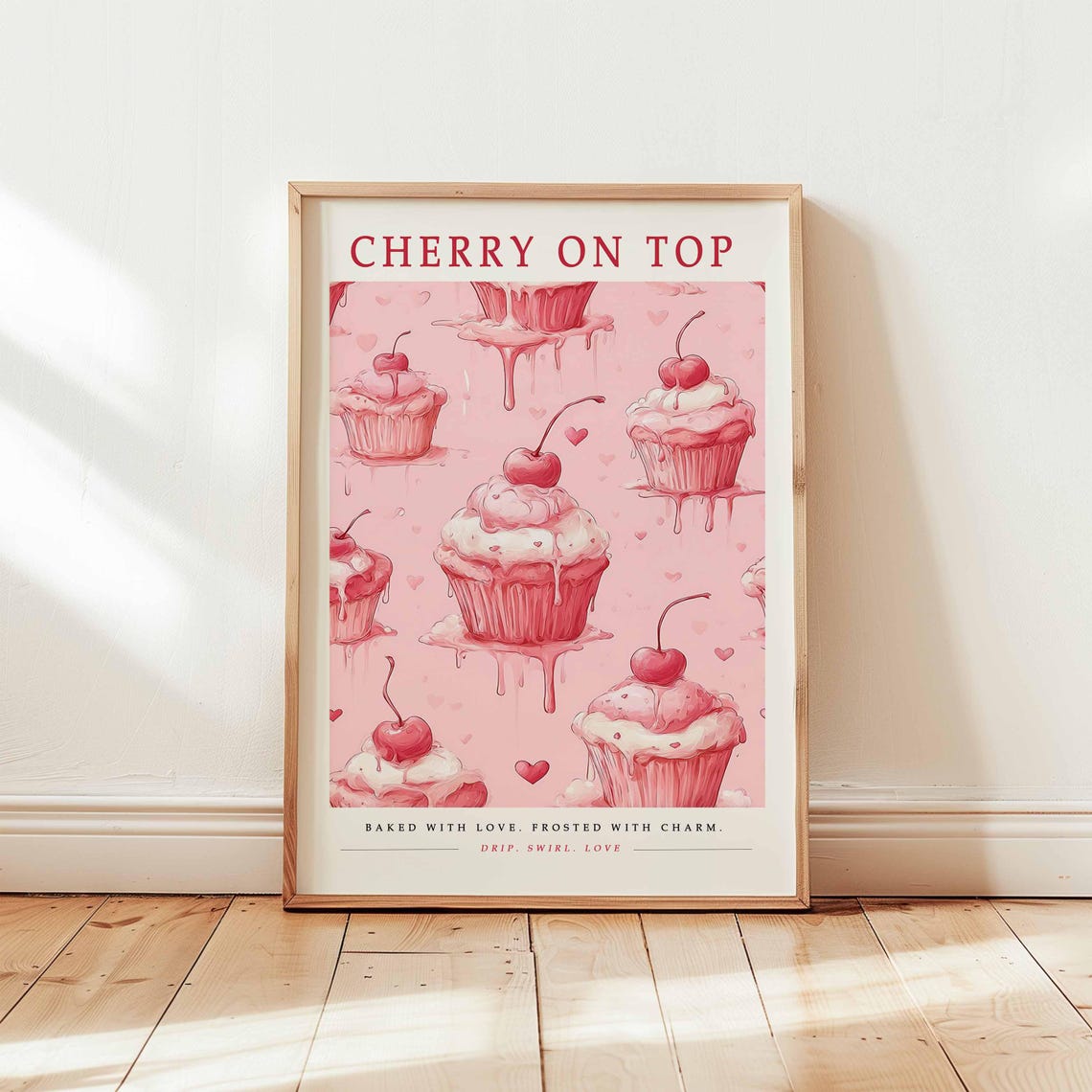Cherry On Top Pink Cupcakes Pattern Sweet Bakery Decor Poster