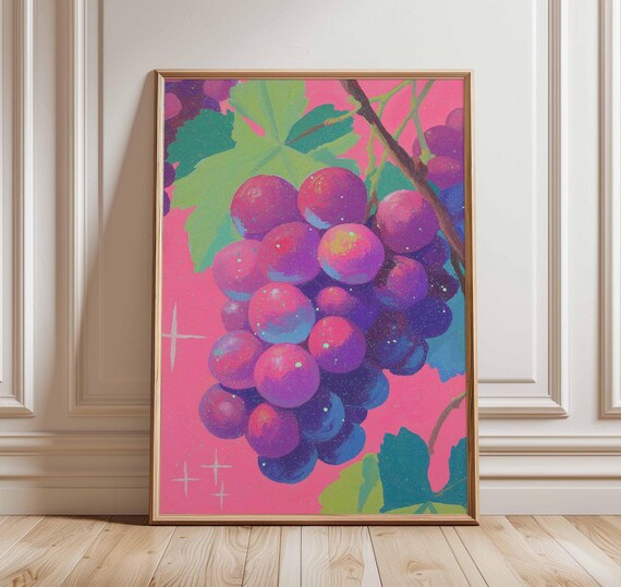 Grape Poster Retro Fruit Wall Art Vibrant Purple Grapes Print Pop Kitchen Decor Bold Colorful Food Illustration 80s Style