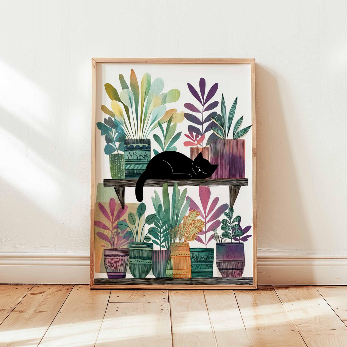 Sleeping Black Cat on Plant Shelf Watercolor Botanical Poster