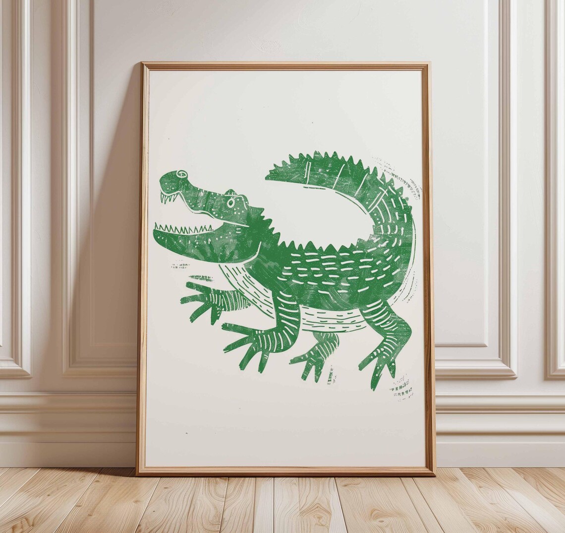 Green Crocodile Linocut Style Playful Kids Animal Art Poster