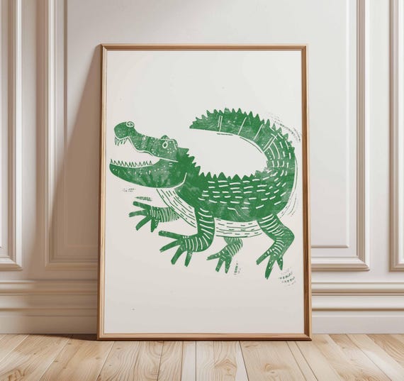 Crocodile Poster Animal Wall Art Print Green Linocut Style Illustration Kids Room Decor Gift
