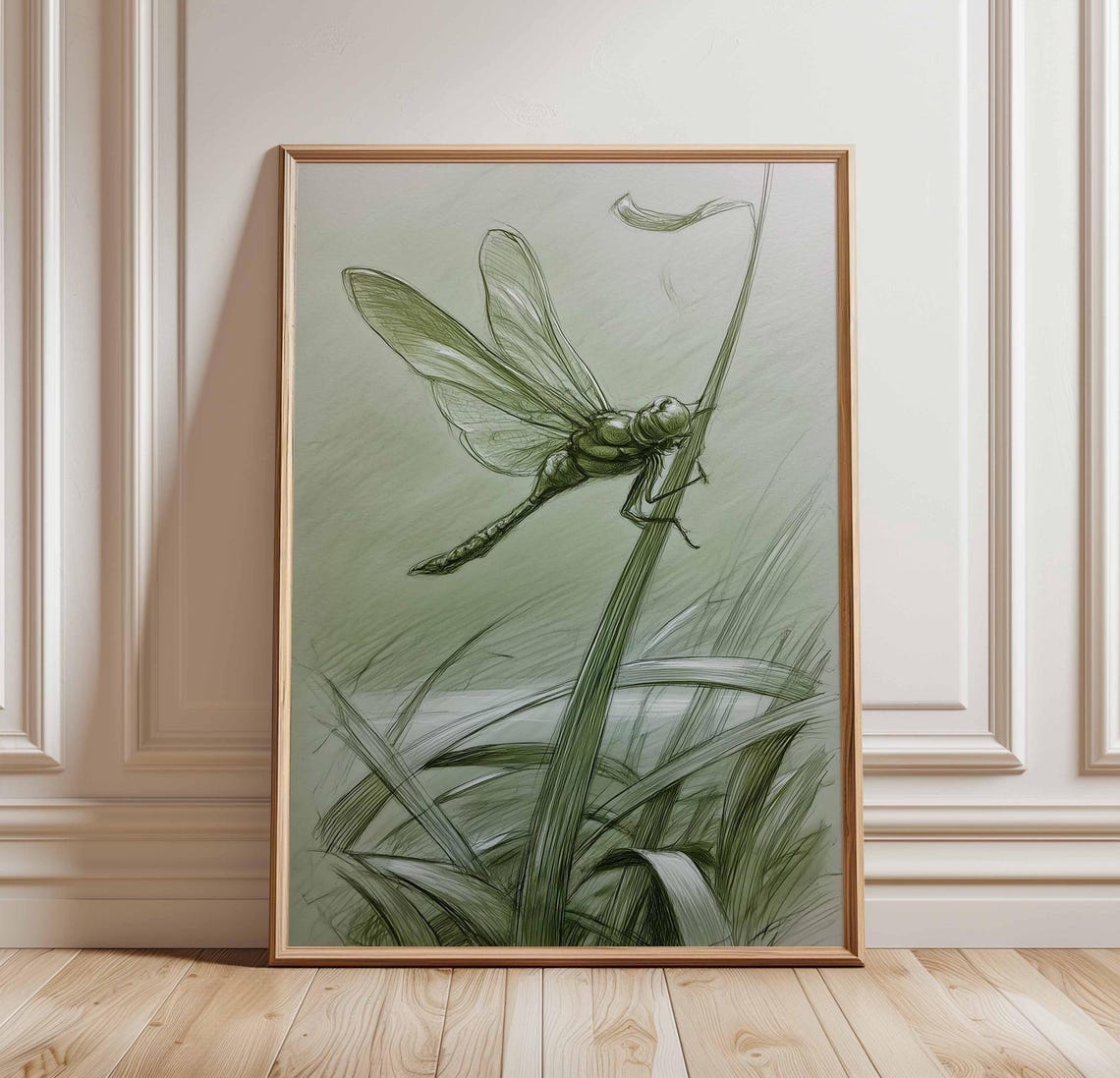 Dragonfly Sketch Green Insect Botanical Wildlife Drawing Poster