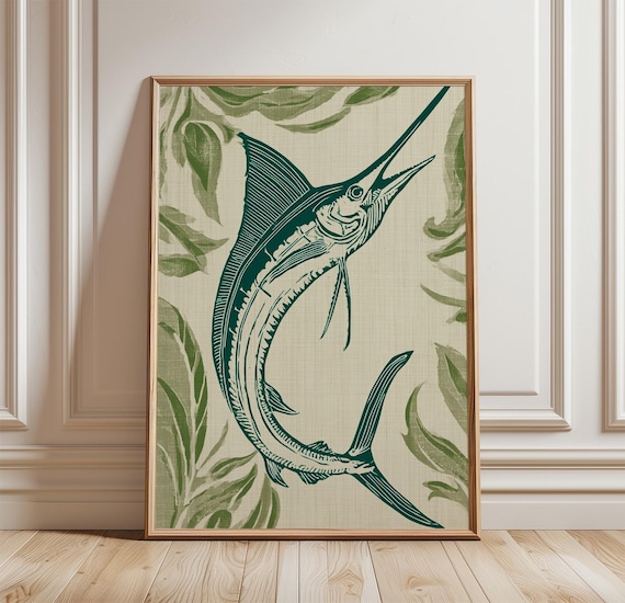 Swordfish Poster, Green Linocut Coastal Marine