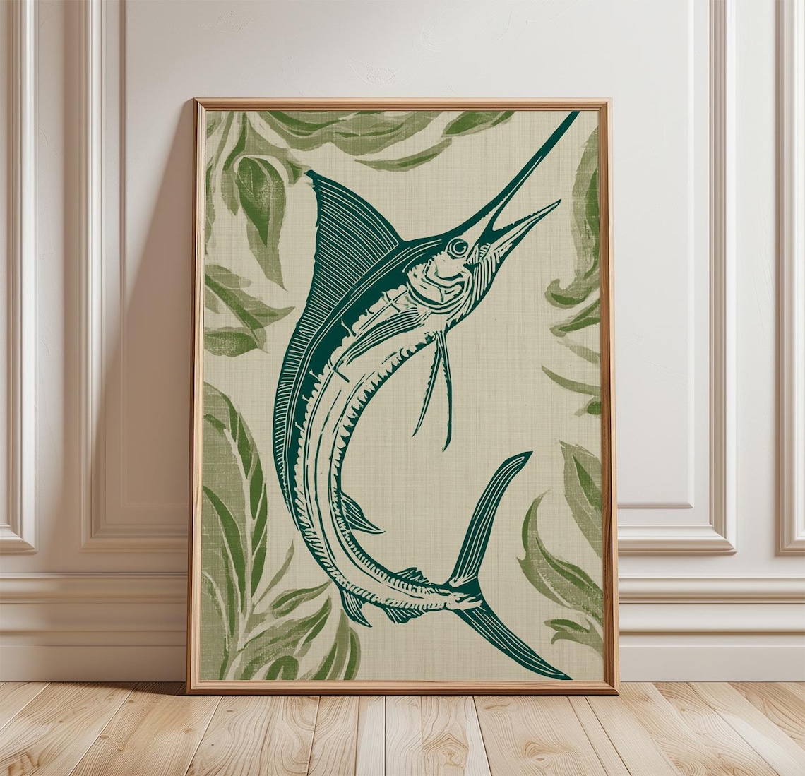 Swordfish Poster, Green Linocut Coastal Marine