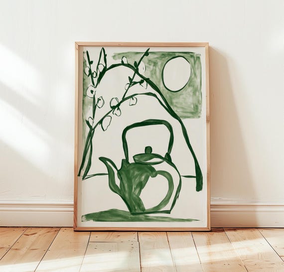 Green Teapot Print Botanical Wall Art Minimal Etching Poster