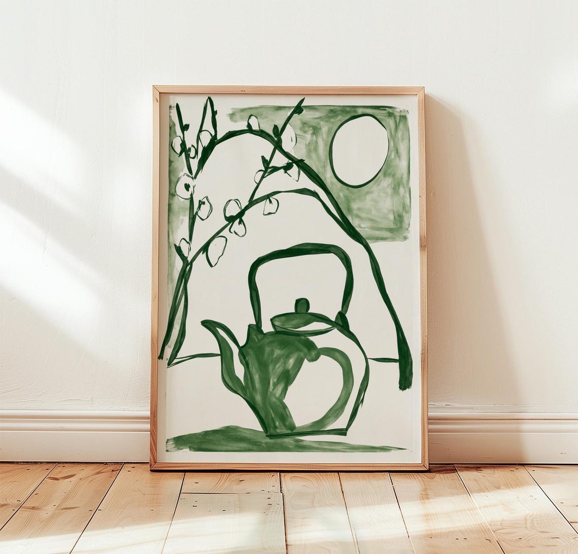 Green Teapot Print Botanical Wall Art Minimal Etching Poster