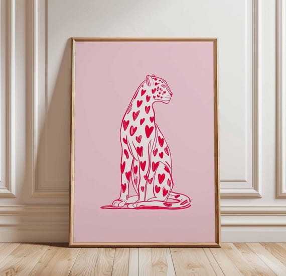 Pink Leopard Wall Art Poster Cute Animal Print With Hearts Modern Minimalist Decor Unframed Pop Style Artwork For Kids Or Home